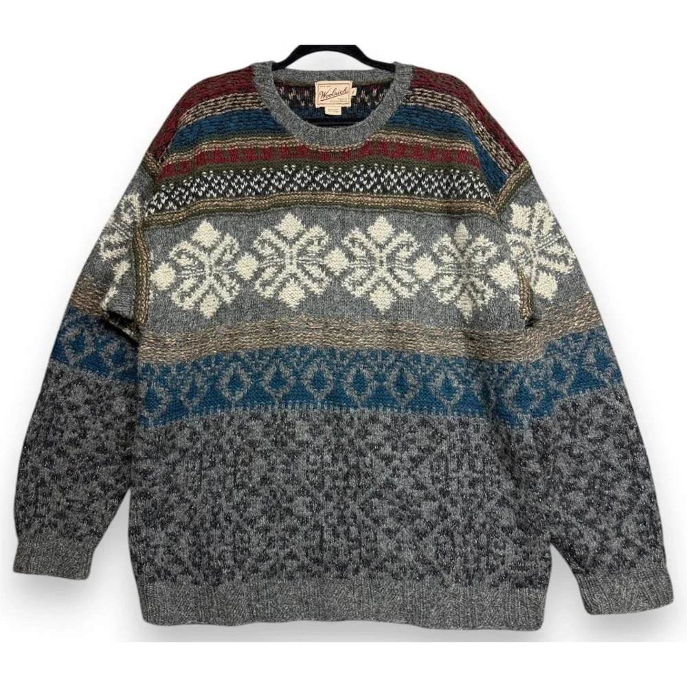 Woolrich Sweater Mens XL Multi Fair Isle Snowflake Handknit Wool Silk Blend Crew